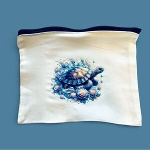 Canvas Cosmetic Bag with Blue Turtle Art. Handmade